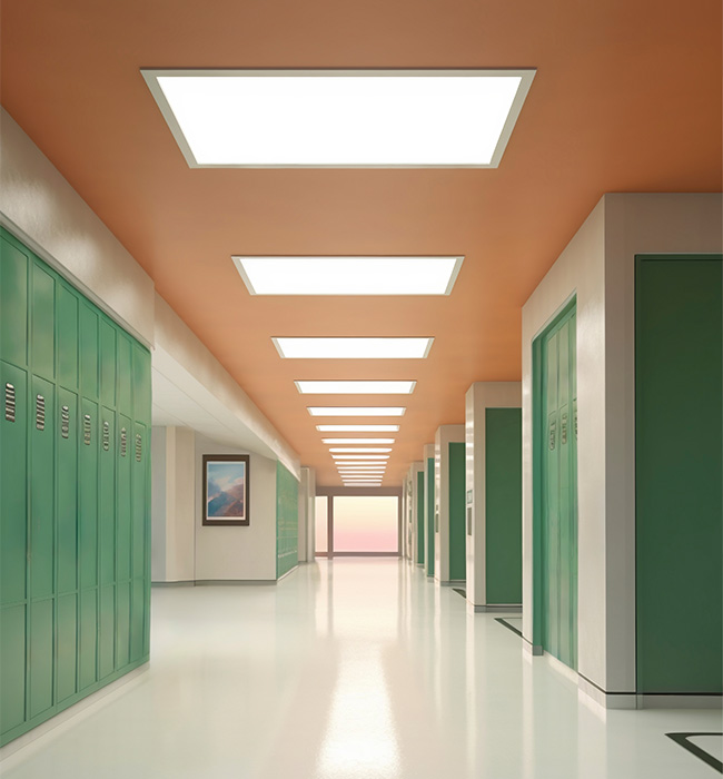 “Pasillo moderno con iluminación LED empotrada en el techo, ideal para instituciones educativas, oficinas o espacios corporativos que buscan eficiencia energética y diseño contemporáneo
